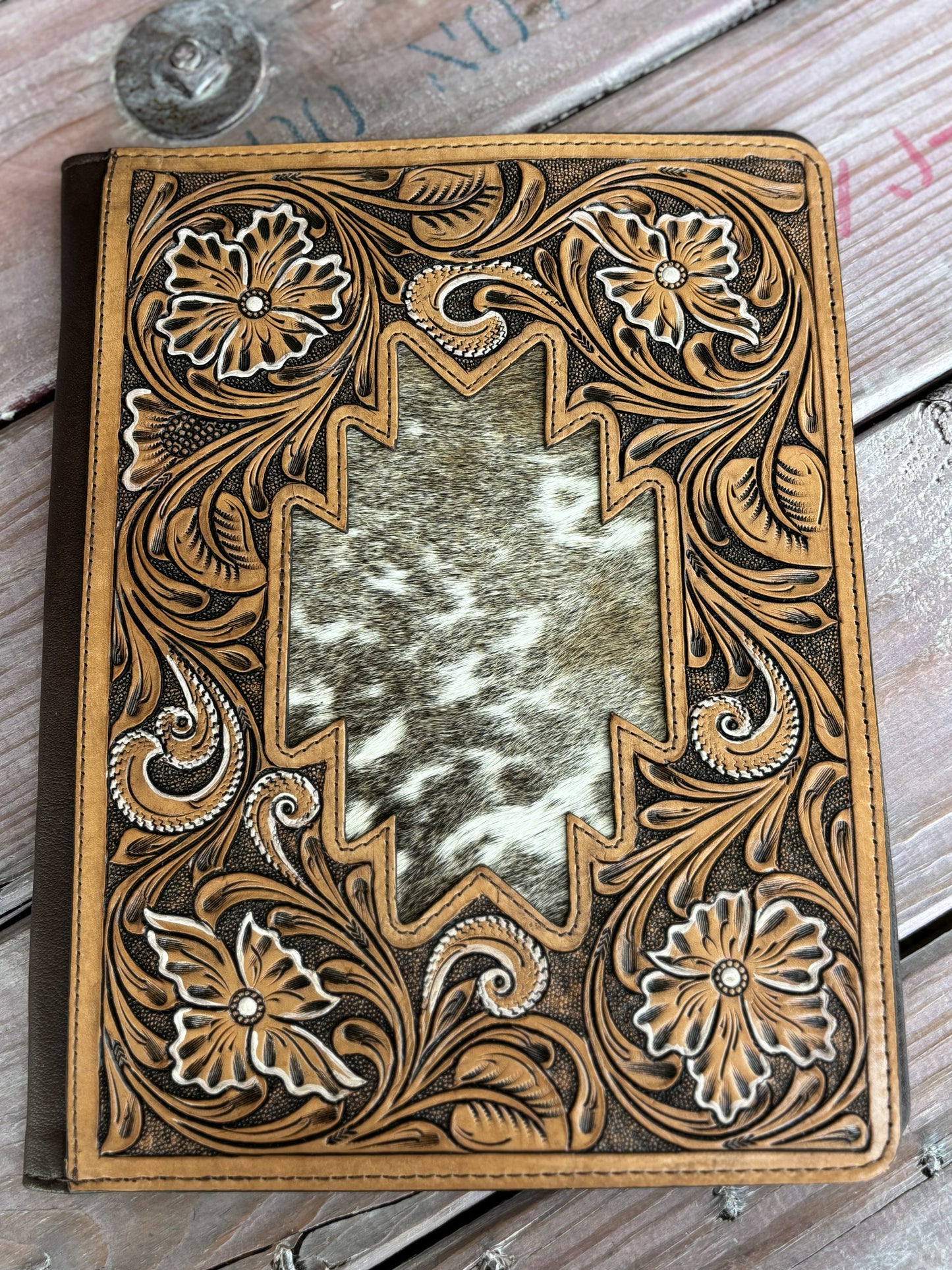 Tooled Leather Cowhide Aztec Portfolio