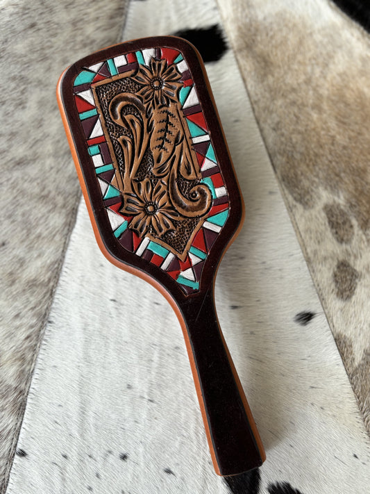 Colorful Aztec Tooled Leather Hair Brush