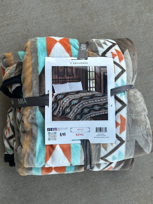 Blue & Brown Aztec Carnation Blanket - King Size