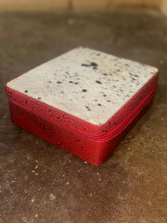 Red Tooled Leather Cowhide Jewelry Box