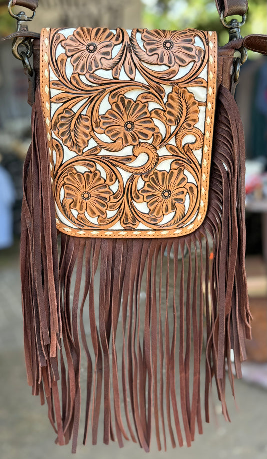 White Buckstitch Tooled Leather Fringe Crossbody