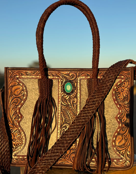Leather Cowhide Fringe Concho Tote