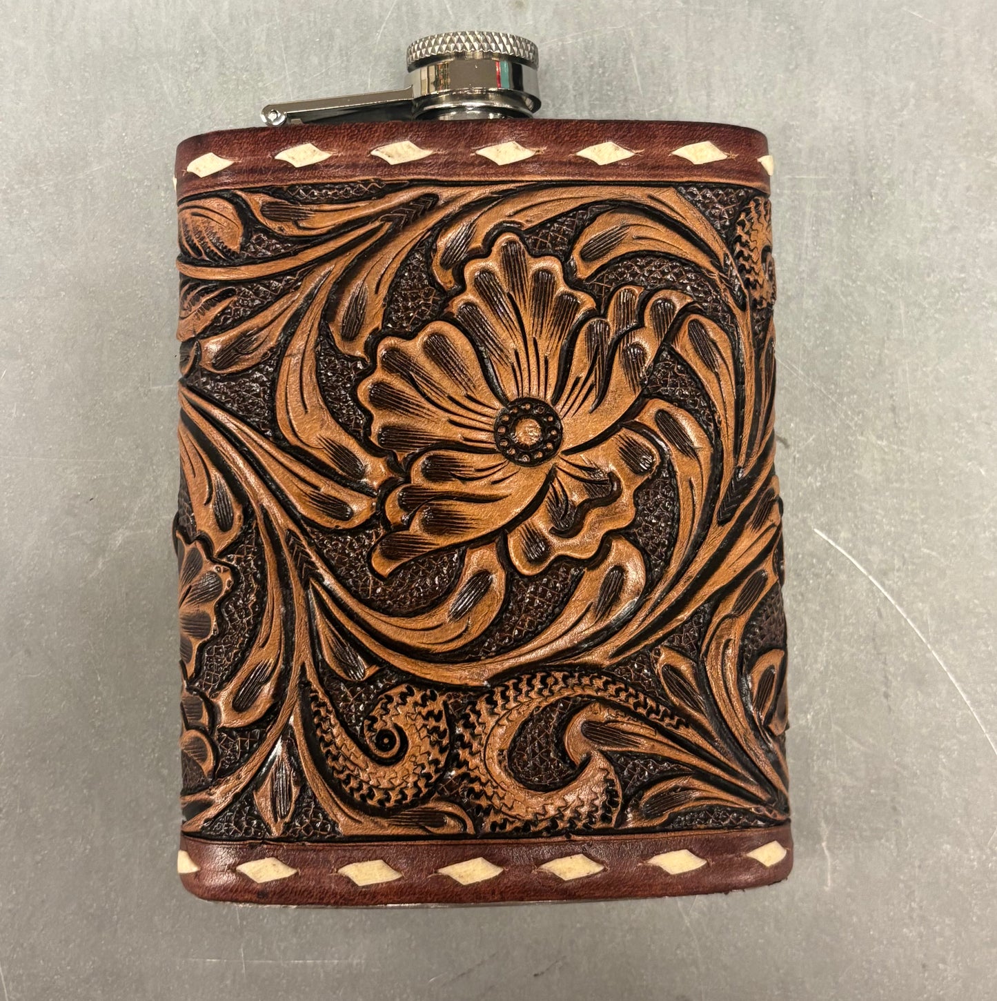 Tooled Leather Flask- 16oz