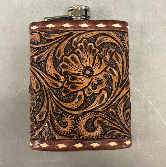 Tooled Leather Flask- 16oz