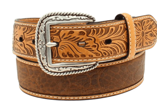 ARIAT MEN'S BROWN CROCODILE FLORAL TABS LEATHER BELT