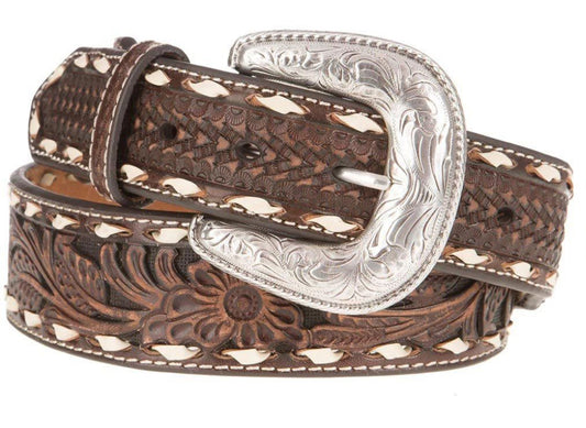 WESTERN ARIAT MENS BROWN FLORAL LACED BELT STYLE