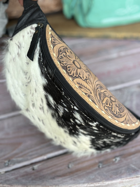 Acid Wash Cowhide Tooled Fanny Pack