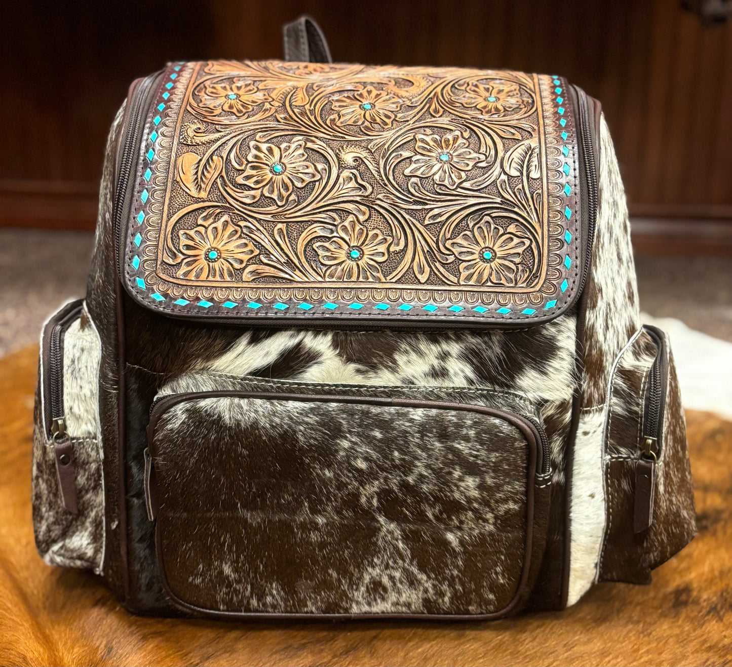 Blue Buck Stitch Cowhide Backpack