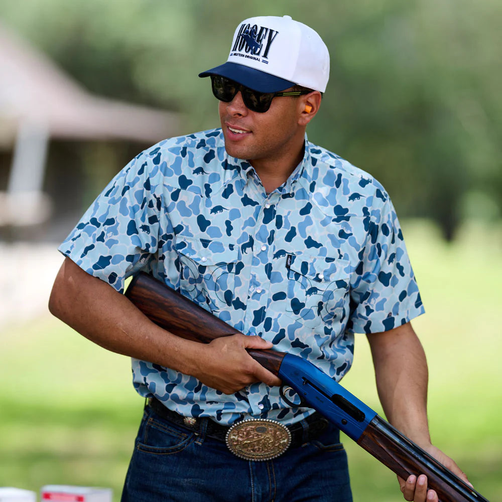 HOOEY "Sol" Short Sleeve Pearl Snap Shirt Blue Camo
