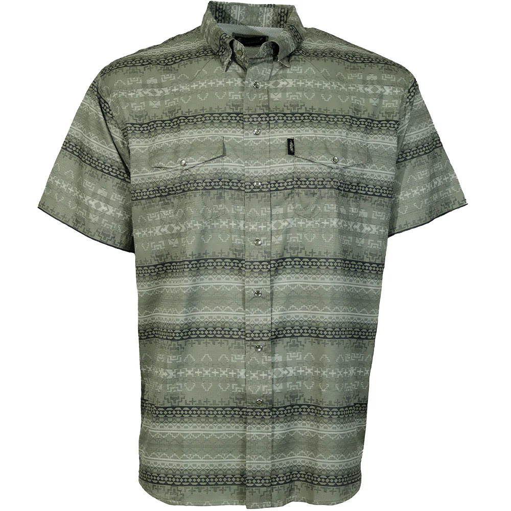 HOOEY "Sol" Short Sleeve Pearl Snap Shirt Fog Green w/Aztec