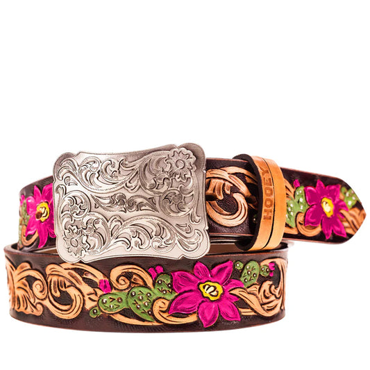 HOOEY "Senorita" Brown/Fuchsia & Green Cactus Blossom Filigree Women's Belt