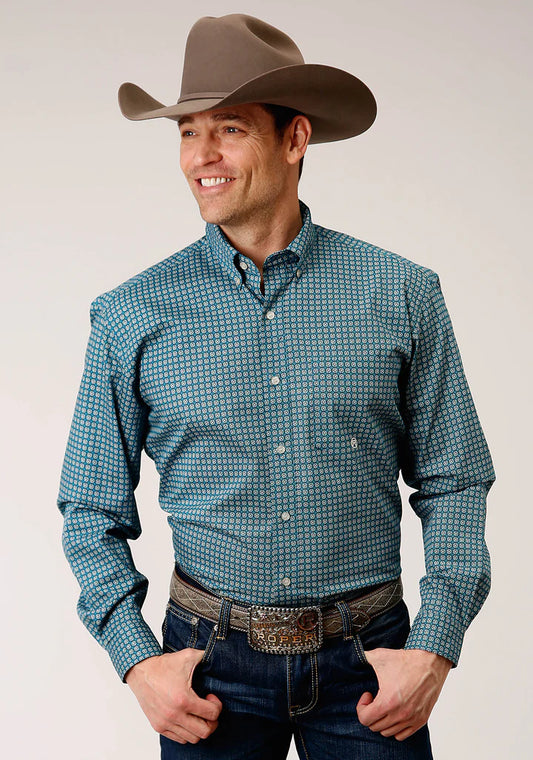 Roper Men’s Long Sleeve Button Azure Neat Western Shirt
