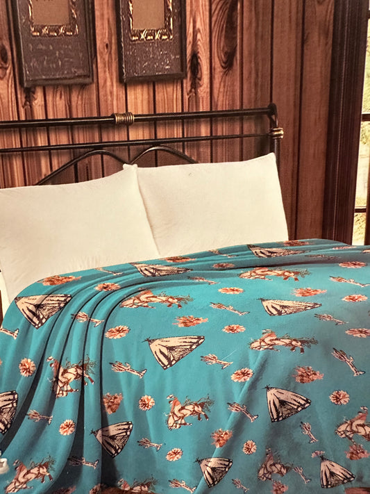Blue Cowboy & Indians Blanket - Queen Size