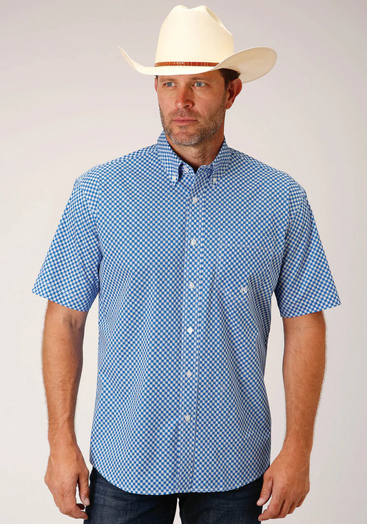 Roper Men’s Short Sleeve Button Diamond Star Geo Blue Western Shirt
