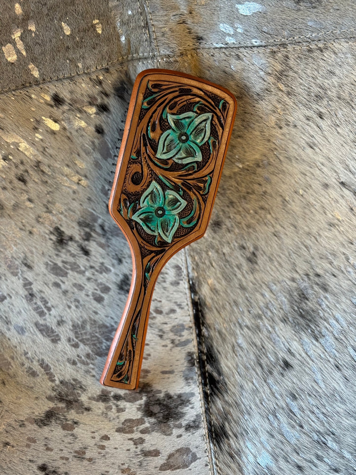 Blue Flower Tooled Leather Hair Brush
