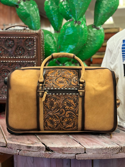 Light Leather Rolling Hand Tooled Duffel