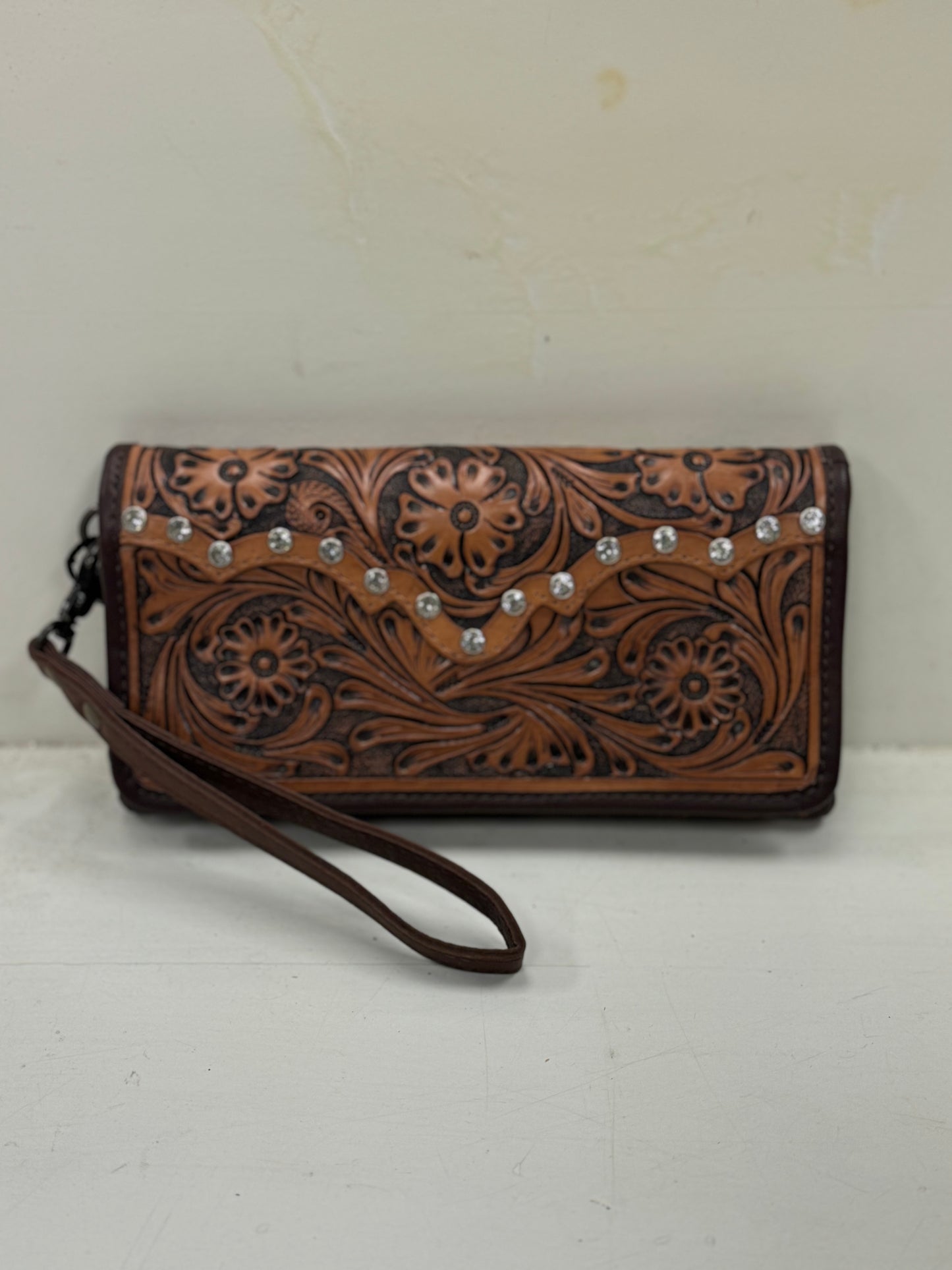 Tooled Leather Bling Wristlet Wallet