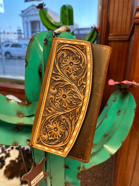 Natural Leather Tooled Wallet/Crossbody