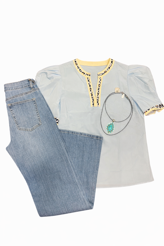 Light Blue Leopard Hem Blouse