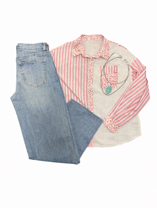 Pink Striped Leopard Button Down