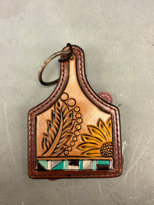 Sunflower Feather Eartag Keychain