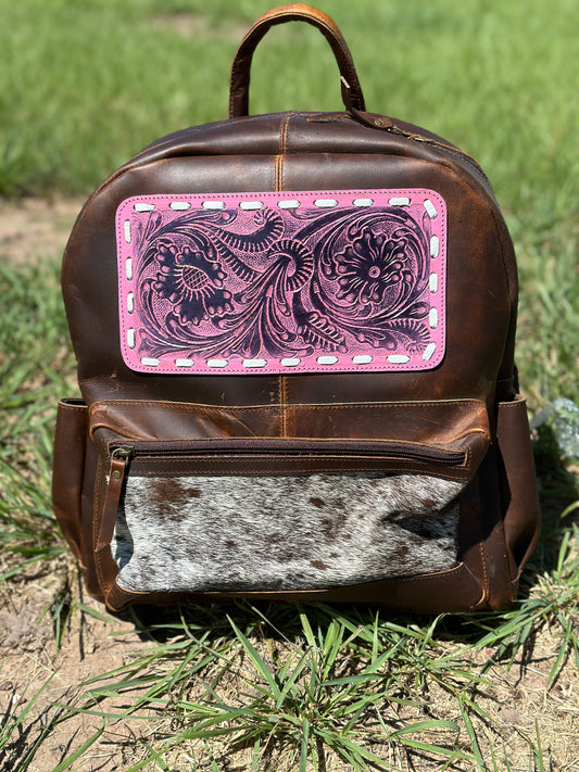 Pink Tooled Leather Bagpack