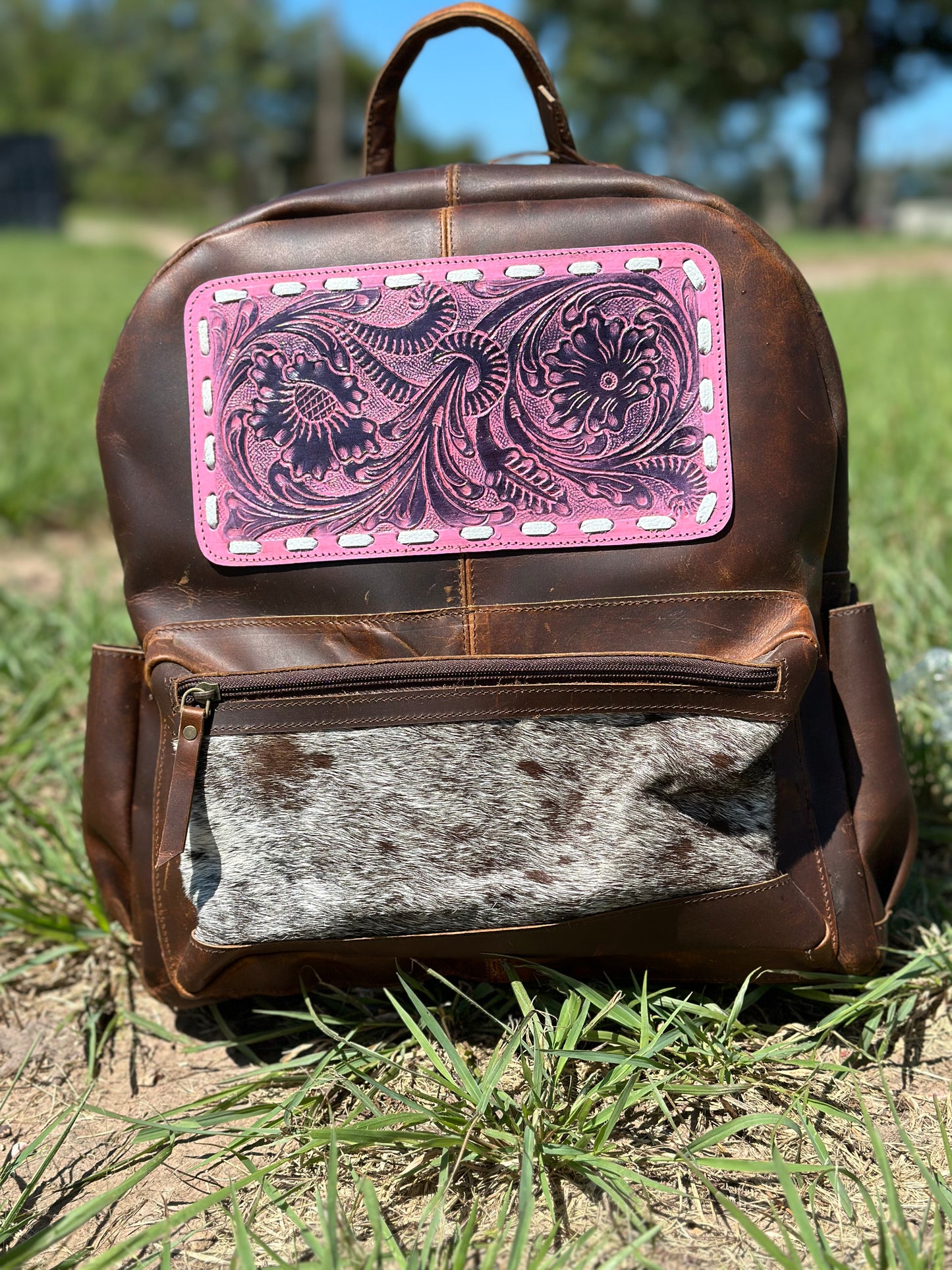 Pink Tooled Leather Bagpack