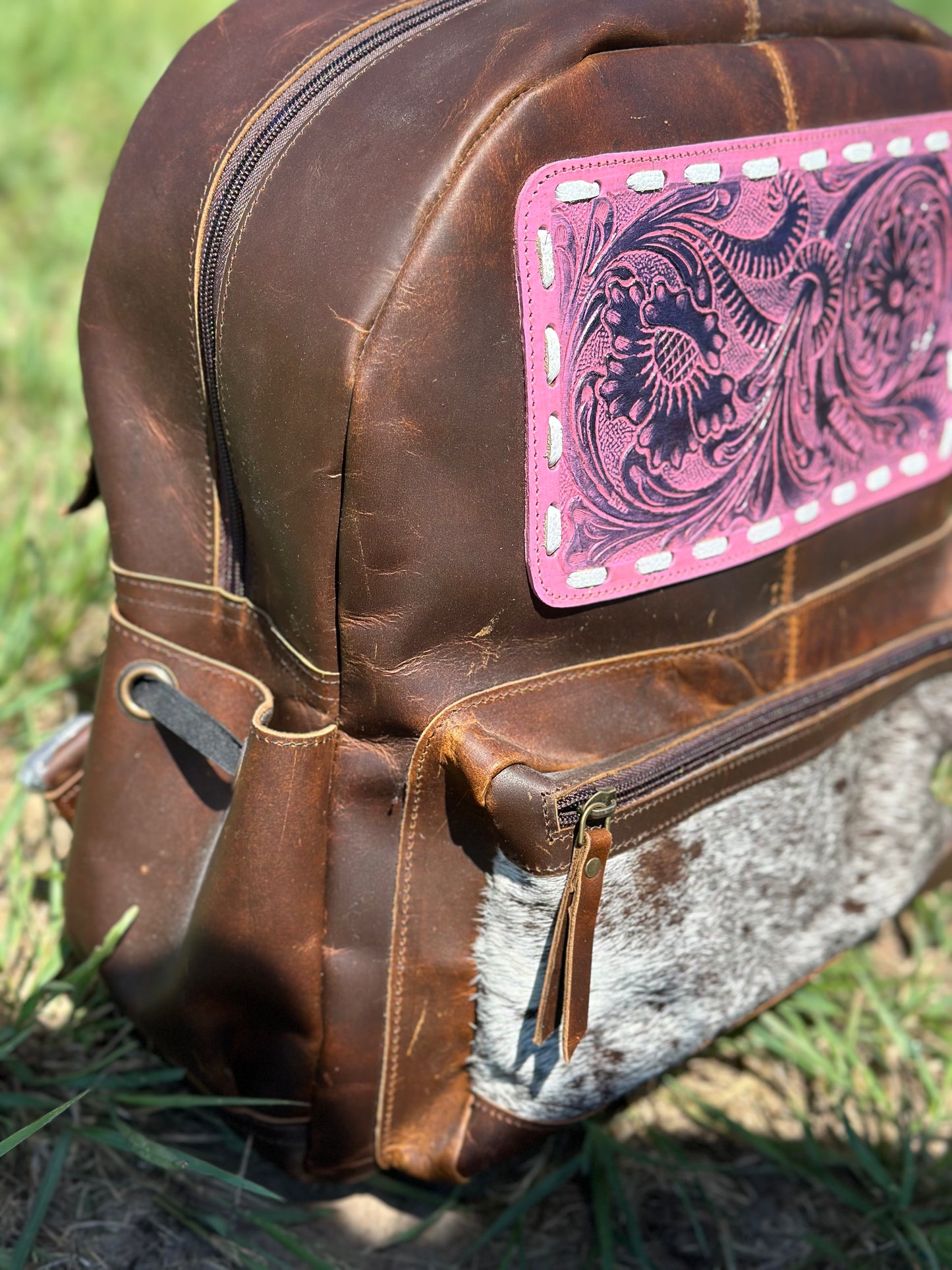 Pink Tooled Leather Bagpack