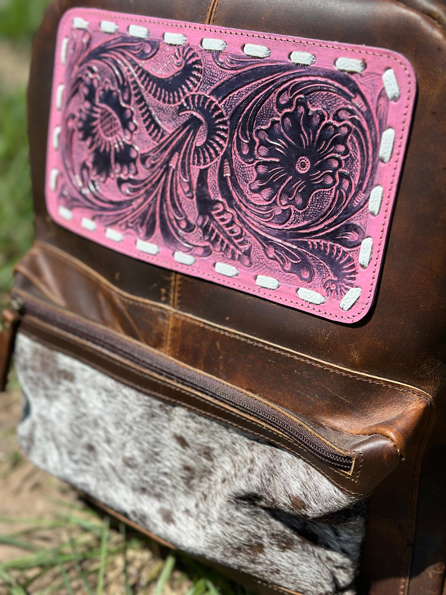 Pink Tooled Leather Bagpack