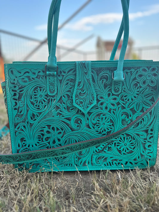 Turquoise Tooled Tote