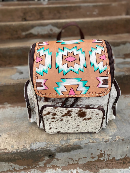 Pink & Blue Aztec Cowhide Backpack