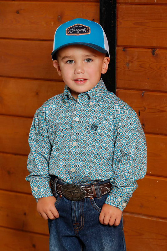 CINCH INFANT LONG SLEEVE BUTTON DOWN- GEOMETRIC BLUE PRINT