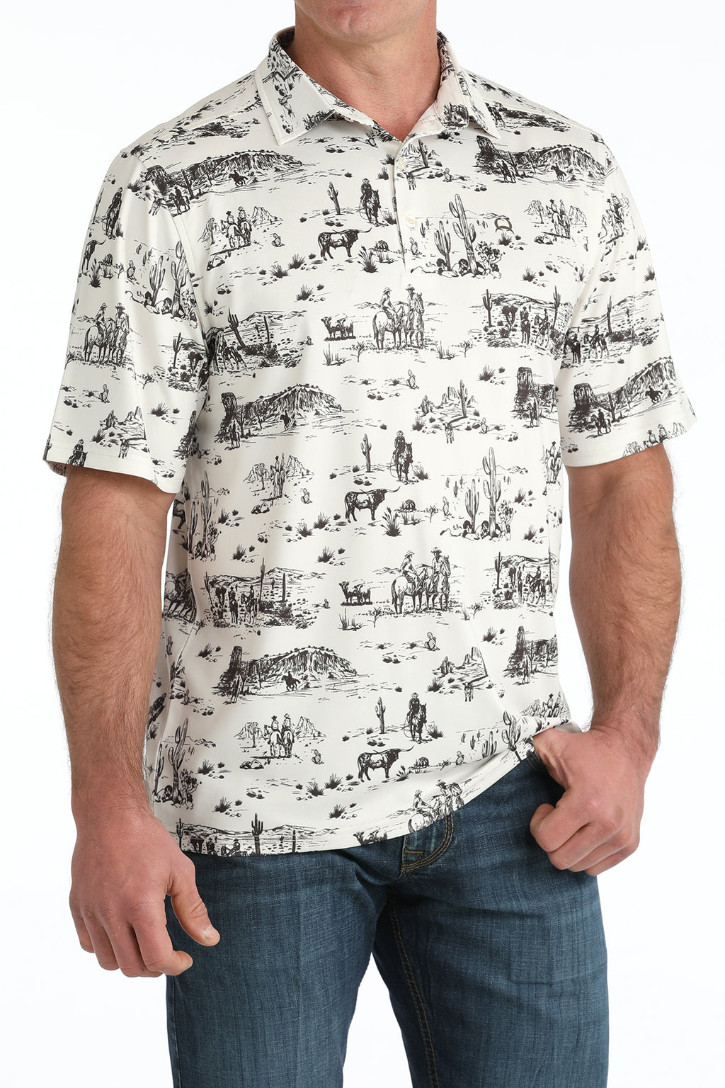 Cinch Men's ArenaFlex Cream Desert Cowboy Graphic Polo Shirt