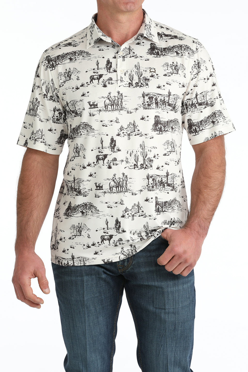 Cinch Men's ArenaFlex Cream Desert Cowboy Graphic Polo Shirt