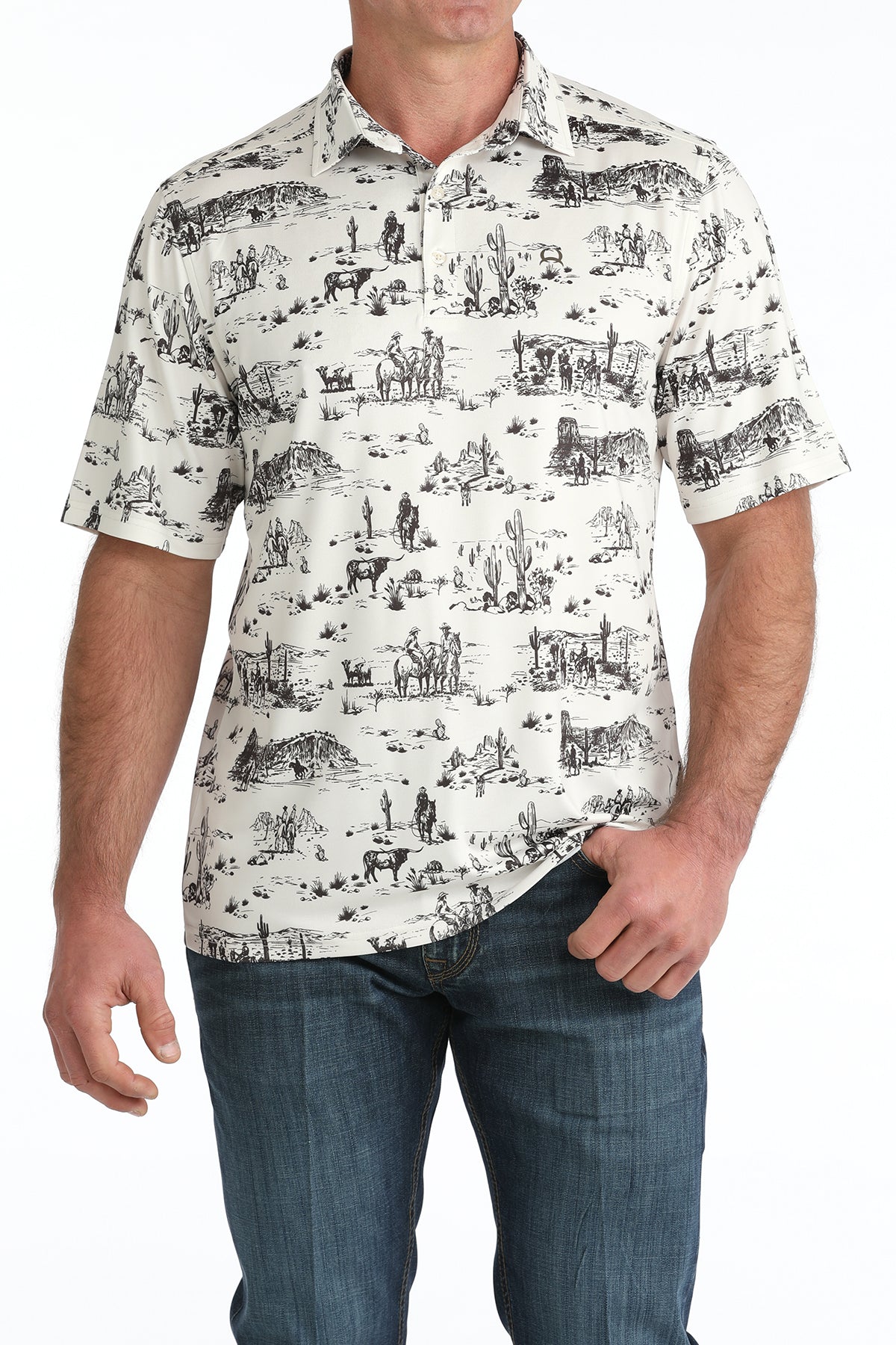 Cinch Men's ArenaFlex Cream Desert Cowboy Graphic Polo Shirt
