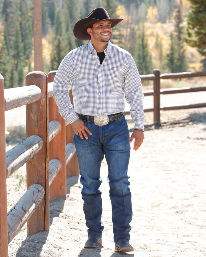 Cinch Men's Stretch Classic Fit Button Down Western Shirt- White Plaid