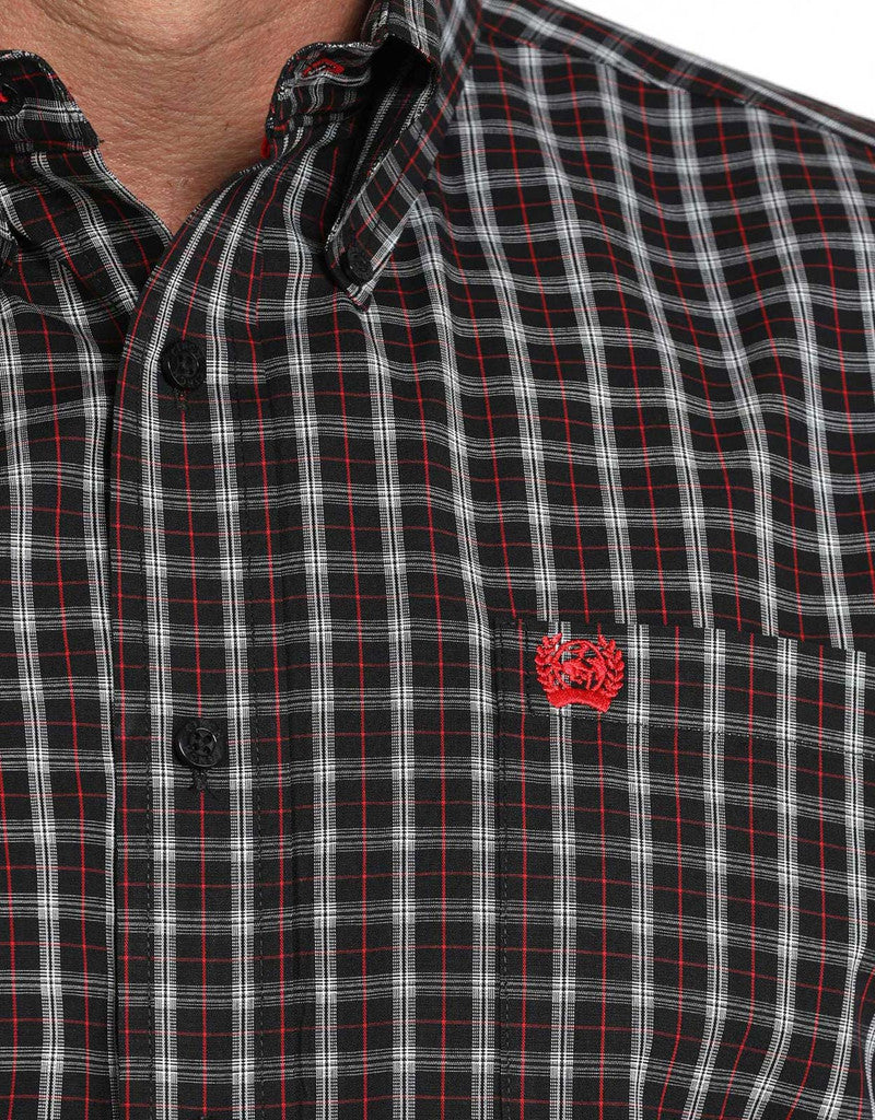 Cinch Men's Stretch Long Sleeve Button Down Black & Red Plaid