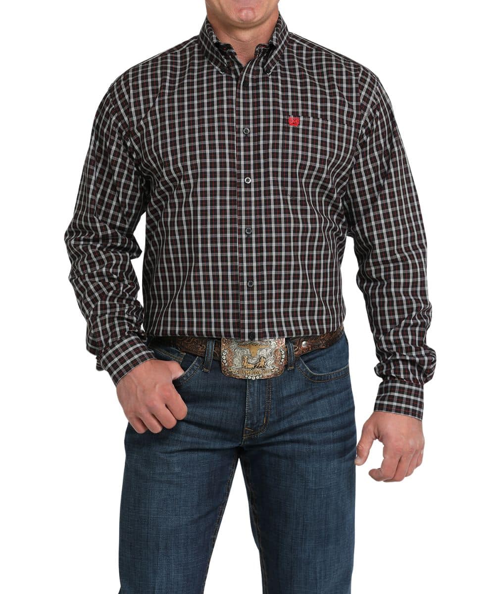 Cinch Men's Stretch Long Sleeve Button Down Black & Red Plaid