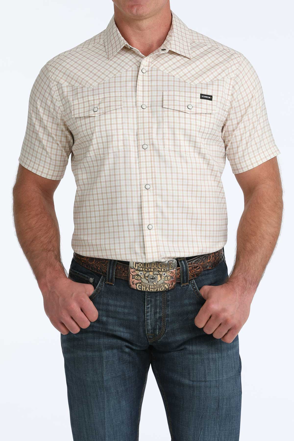 CINCH Men's Tan & White Plaid Short Sleeve Camp Shirt