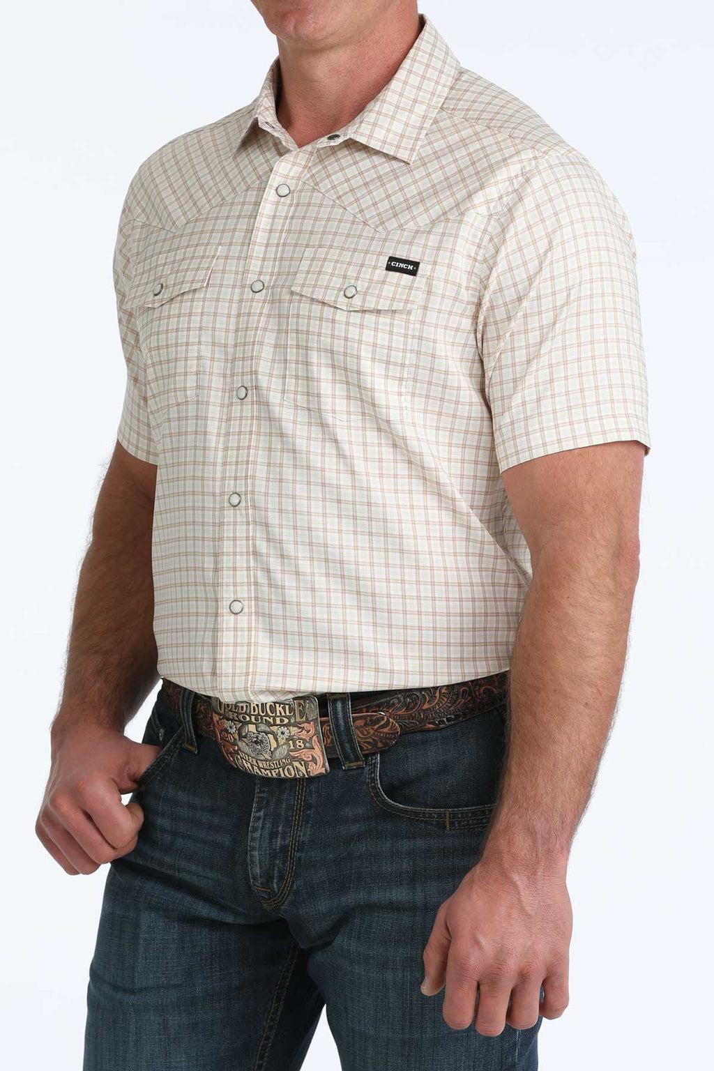 CINCH Men's Tan & White Plaid Short Sleeve Camp Shirt