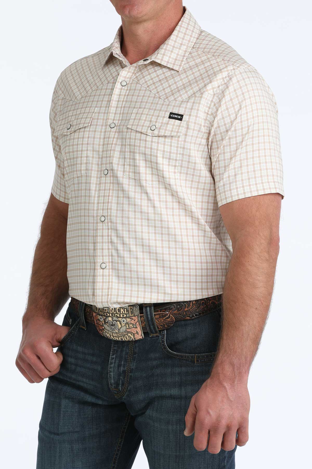 CINCH Men's Tan & White Plaid Short Sleeve Camp Shirt