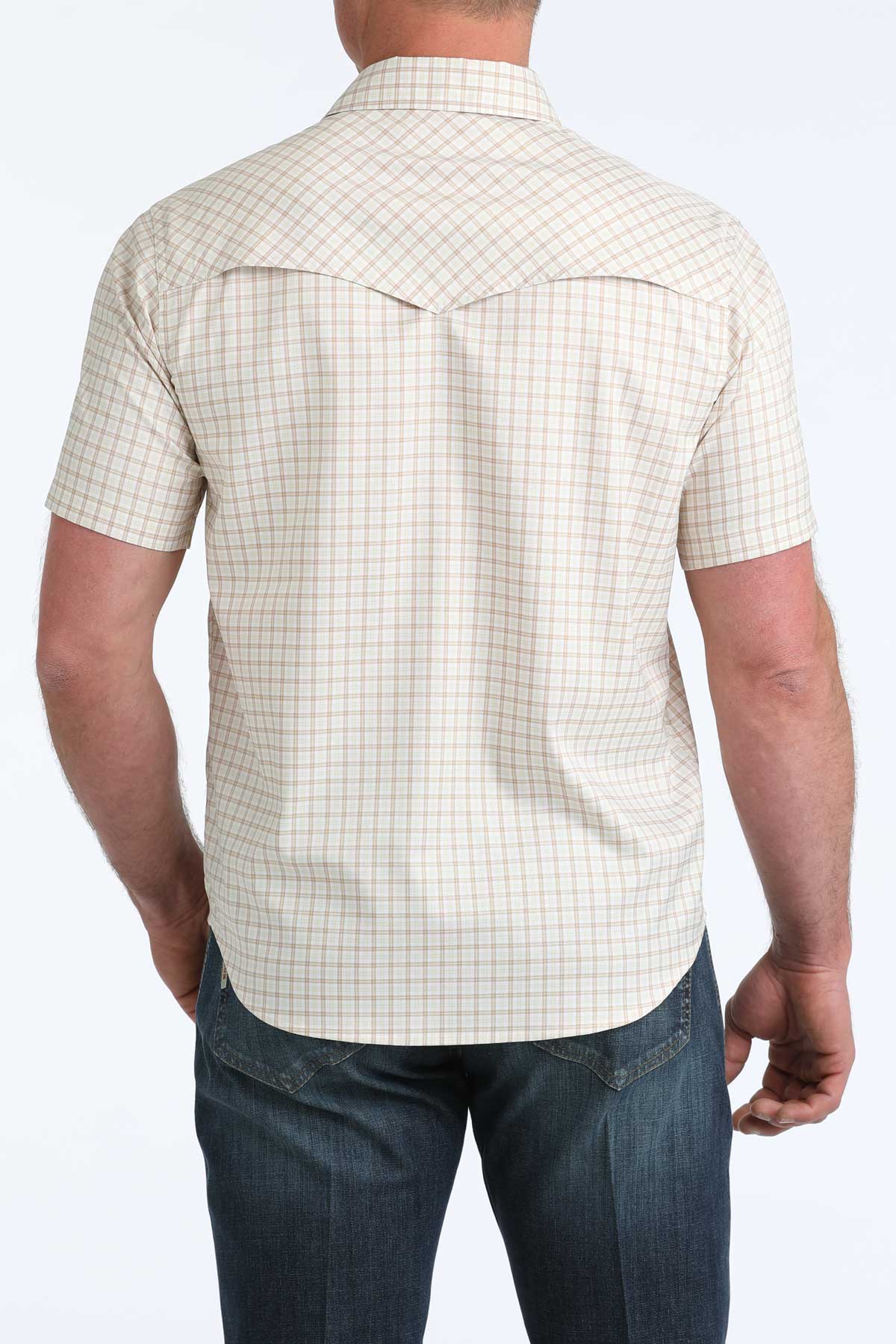 CINCH Men's Tan & White Plaid Short Sleeve Camp Shirt