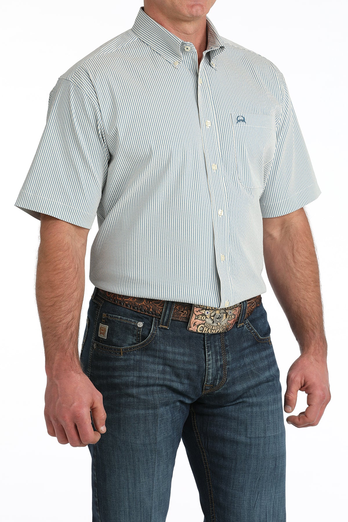 CINCH Mens Short Sleeve Blue Striped Arenaflex