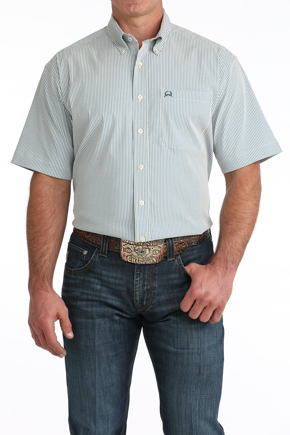 CINCH Mens Short Sleeve Blue Striped Arenaflex