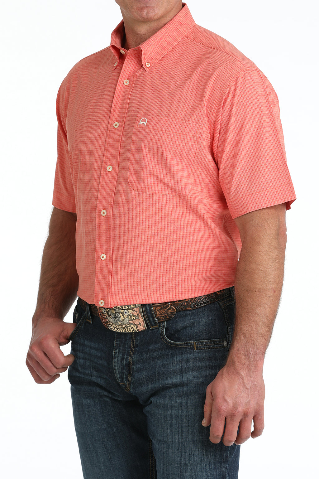 CINCH Mens Short Sleeve Red Plaid Arenaflex Button Down