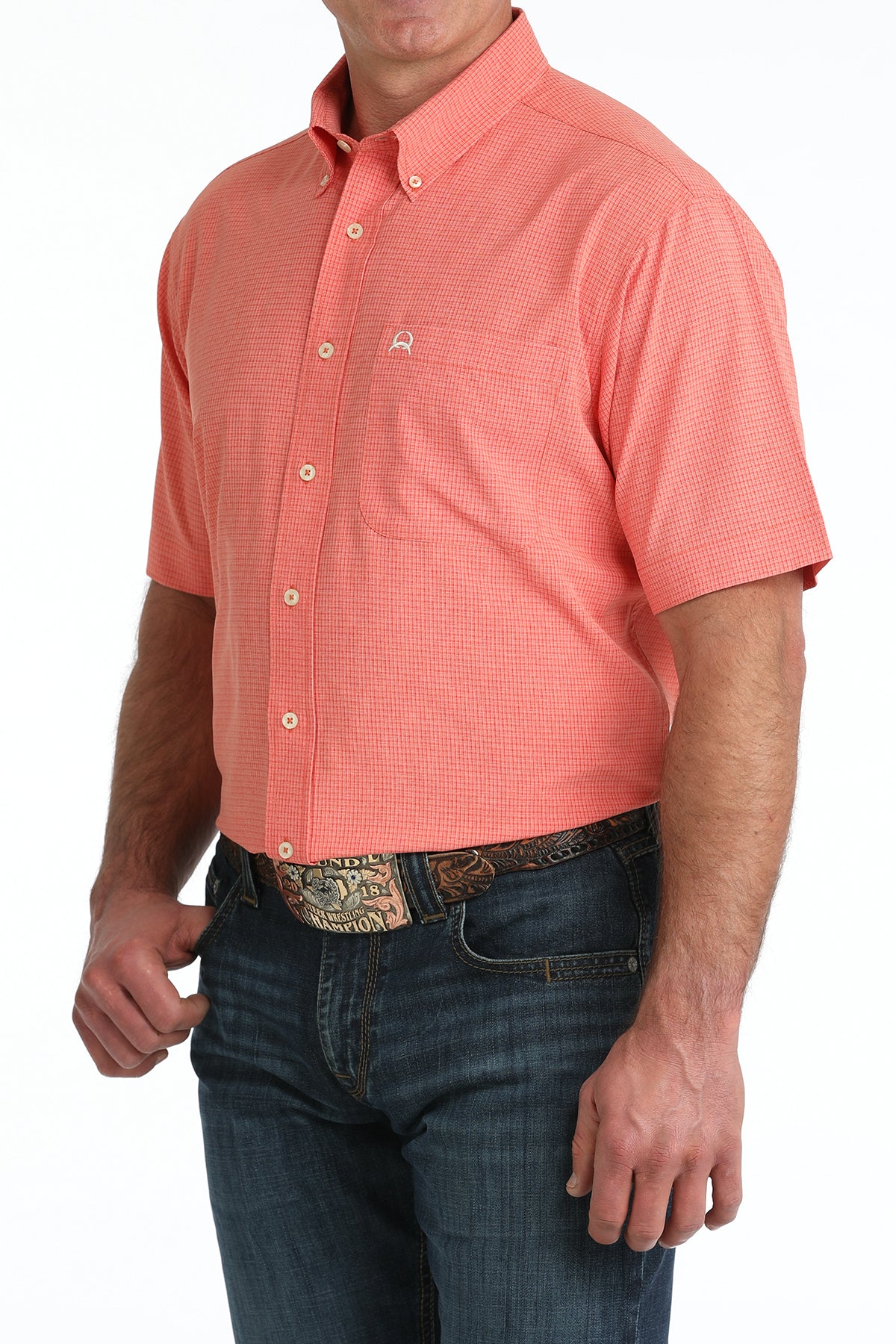 CINCH Mens Short Sleeve Red Plaid Arenaflex Button Down