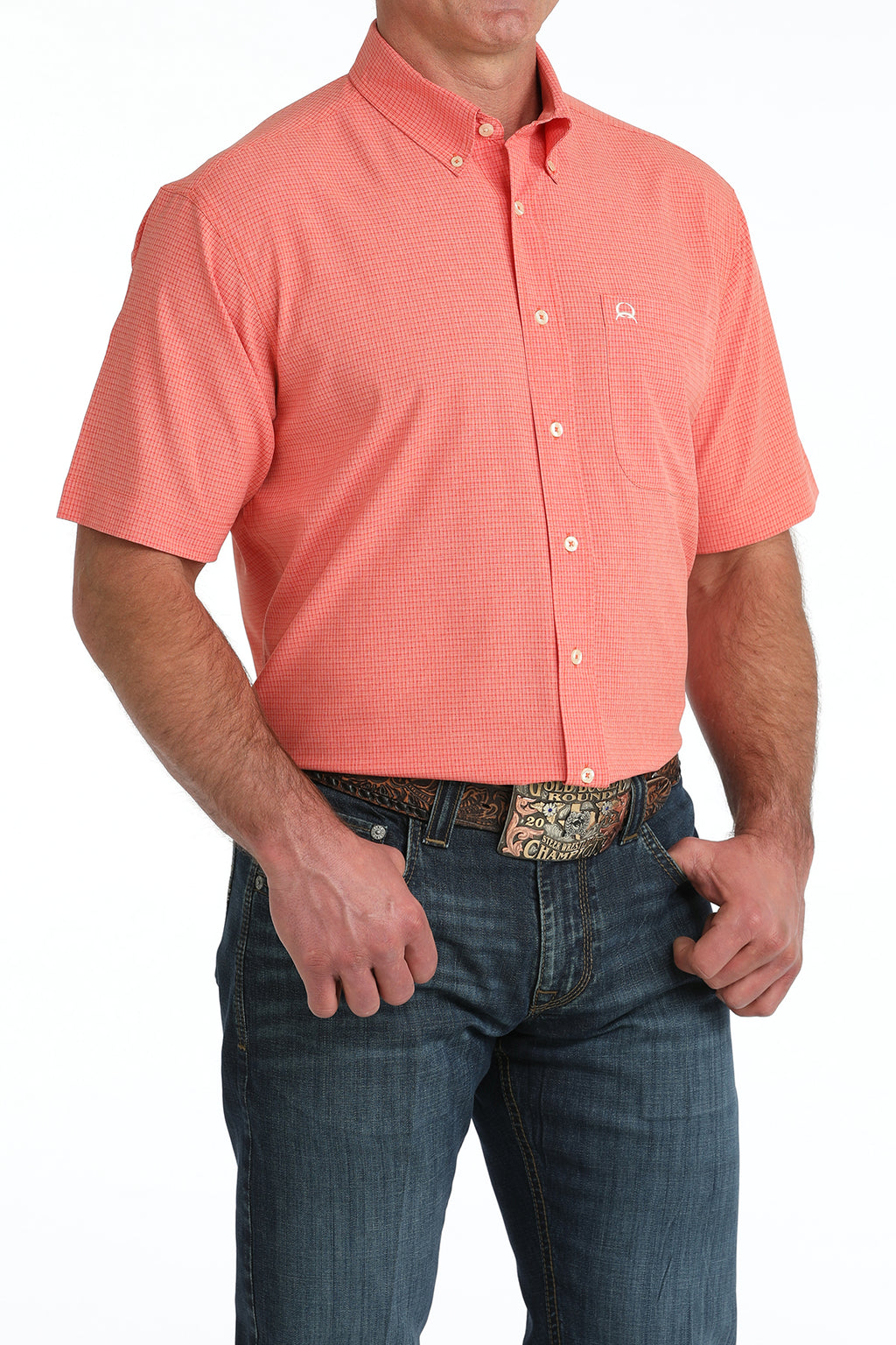 CINCH Mens Short Sleeve Red Plaid Arenaflex Button Down