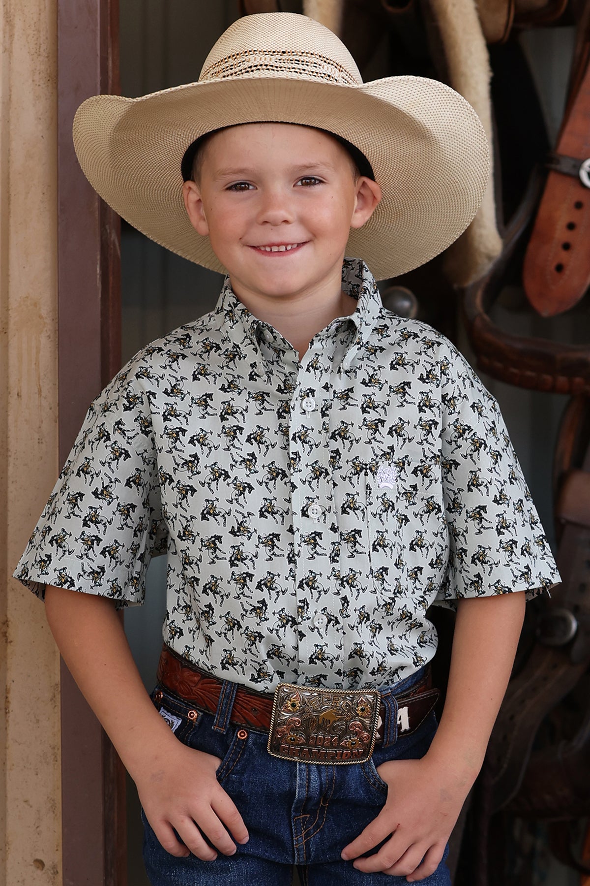 CINCH Boys Bucking Horse Western Print Short Sleeve Shirt
