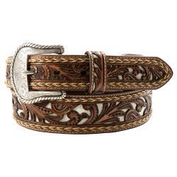 Nocona Mens Belt 1 7/8"-1 1/2" Calf Hair Underlay Braided Edges Brown