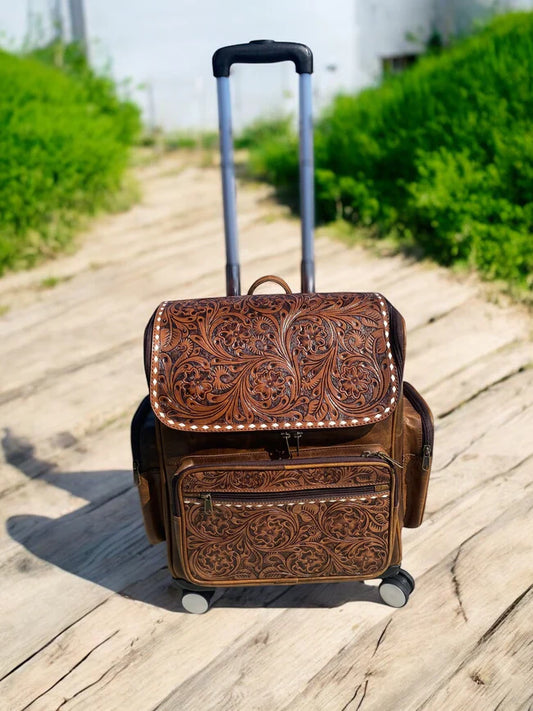 Rustic Tooled Leather Rolling Backpack